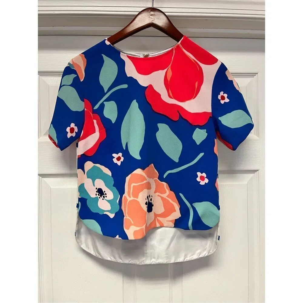 Kate Spade Ramona Floral Hi-Lo Back Striped Top sz 2 EUC